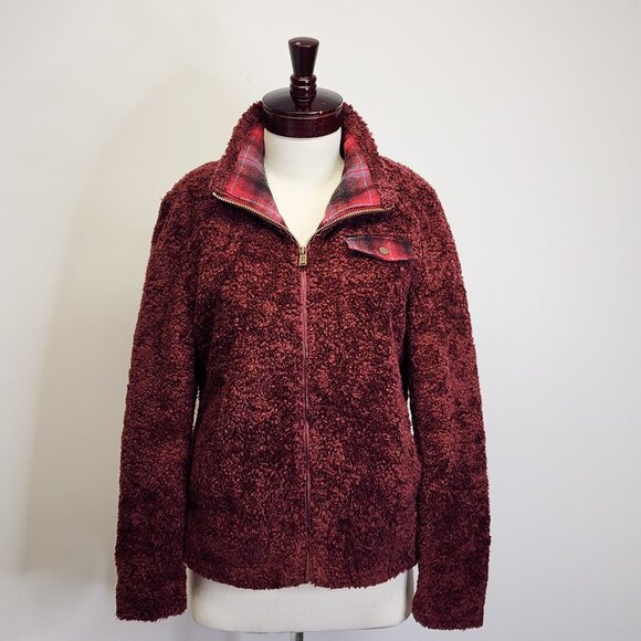 Pendleton Hi-Pile Fuzzy Sherpa Full Zip Fleece Jacket Maroon Plaid Trim Womens L - Picture 2 of 14